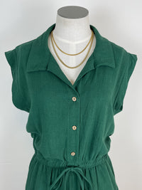 Collared Button Down Romper in Dark Green