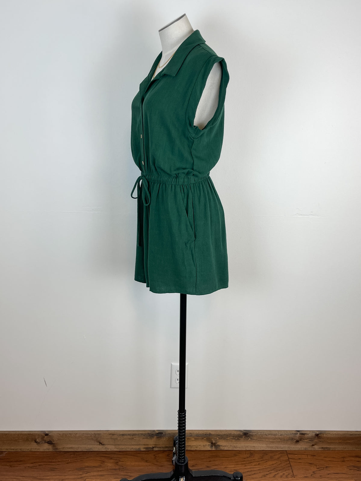 Collared Button Down Romper in Dark Green