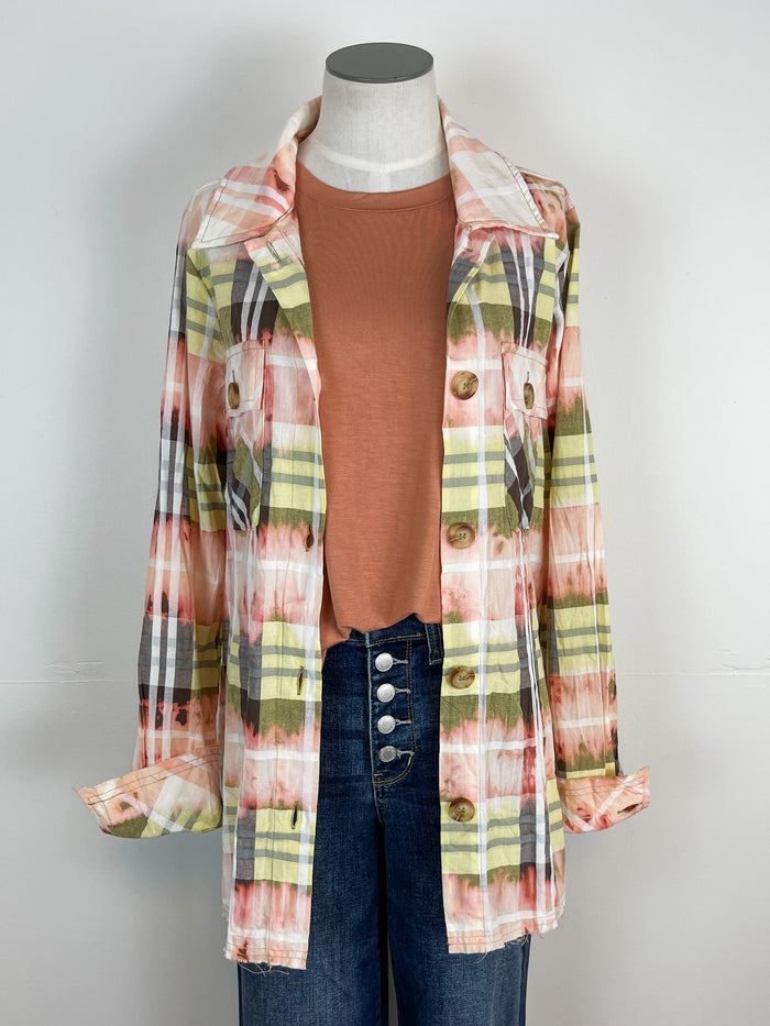 Mystree Bleached Dyed Plaid Button Down in Lemon/Coral