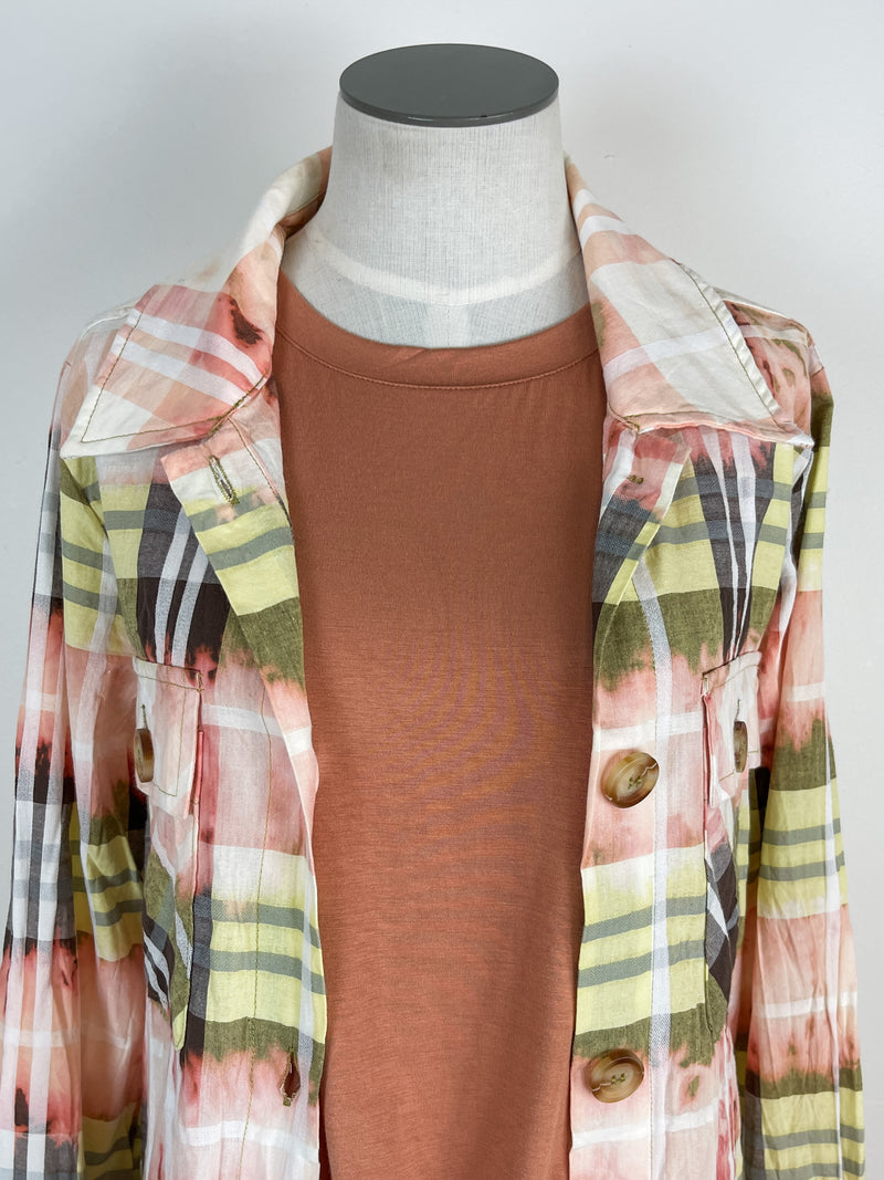 Mystree Bleached Dyed Plaid Button Down in Lemon/Coral