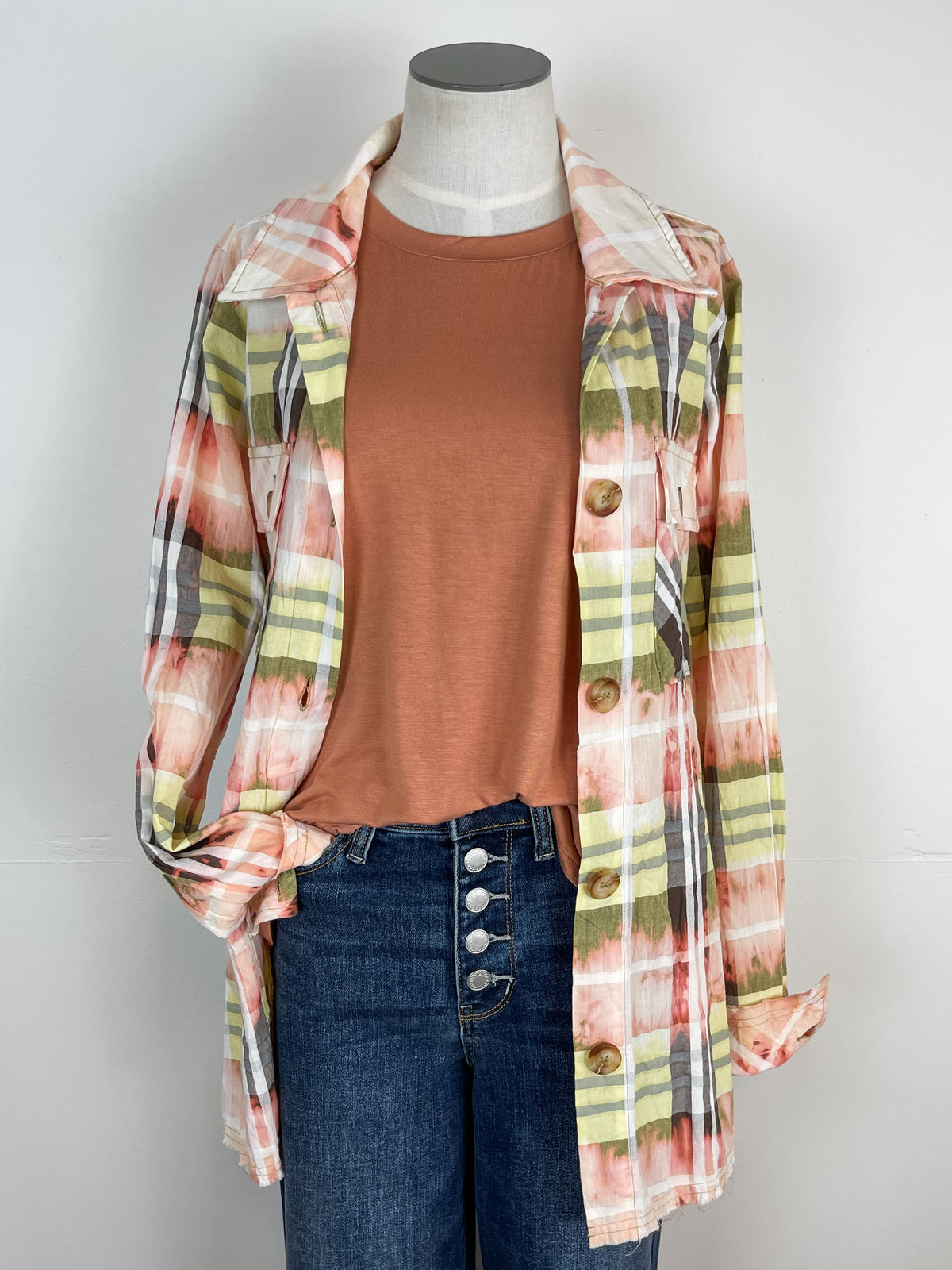 Mystree Bleached Dyed Plaid Button Down in Lemon/Coral