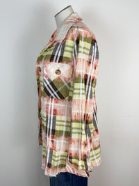 Mystree Bleached Dyed Plaid Button Down in Lemon/Coral