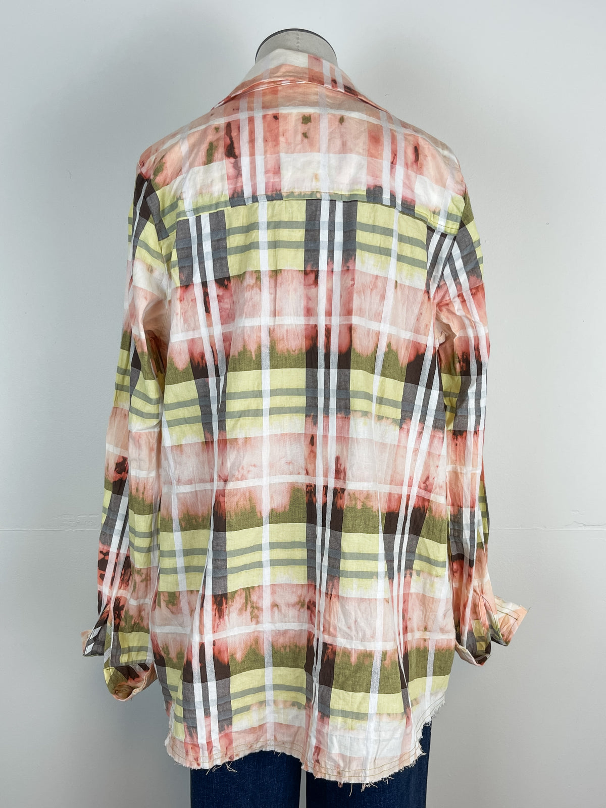 Mystree Bleached Dyed Plaid Button Down in Lemon/Coral