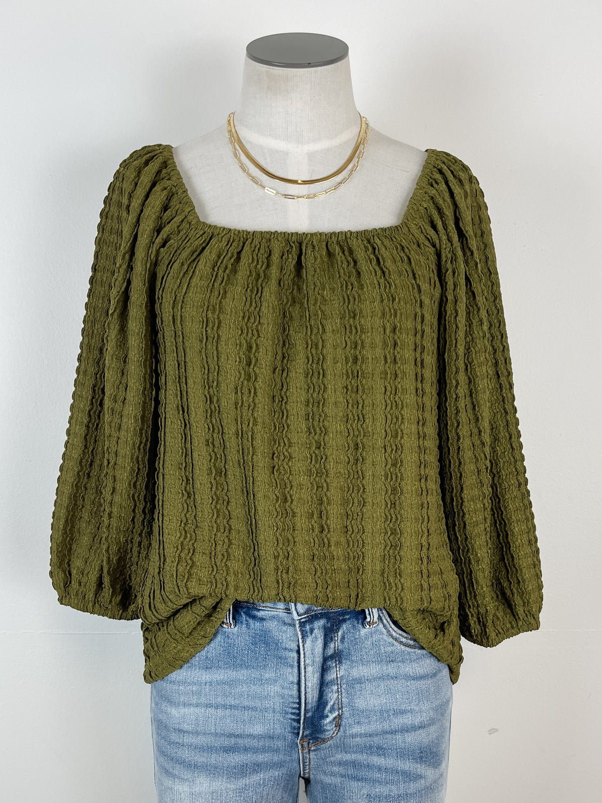 Julie Square Neck Textured Top in Dark Olive