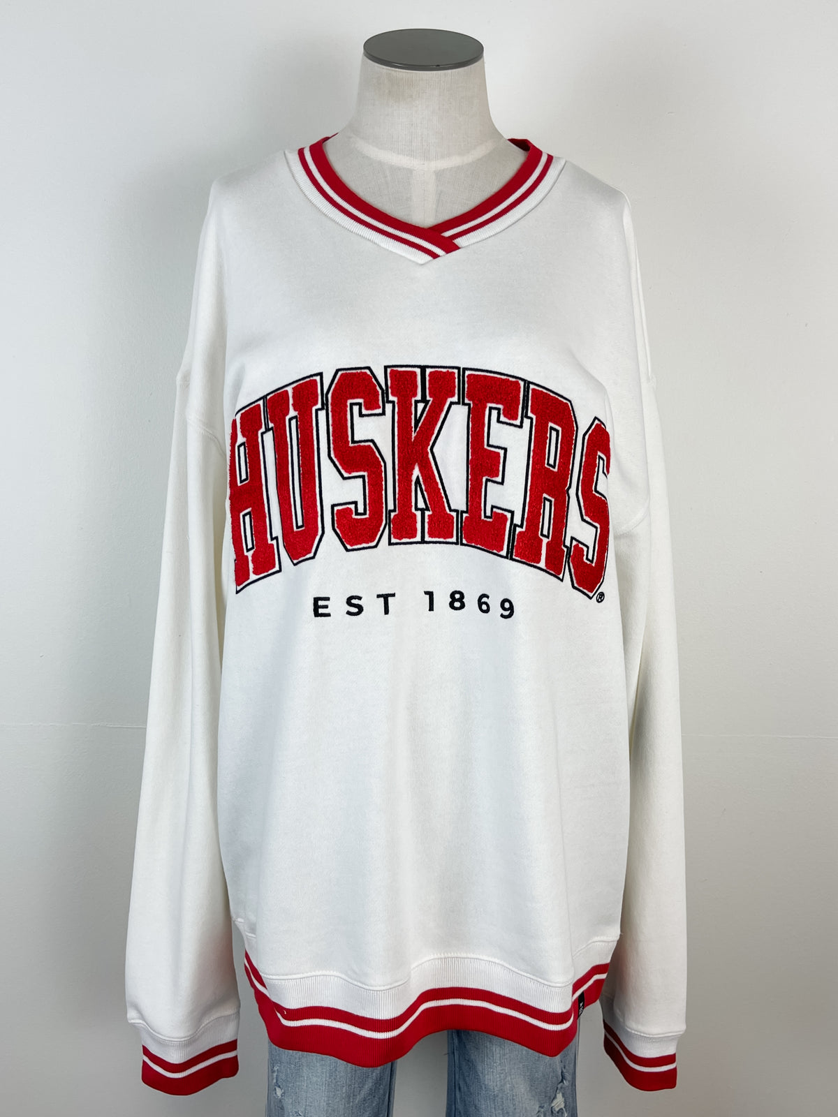 Nebraska Allen Chenille Varsity V-neck in White/Red