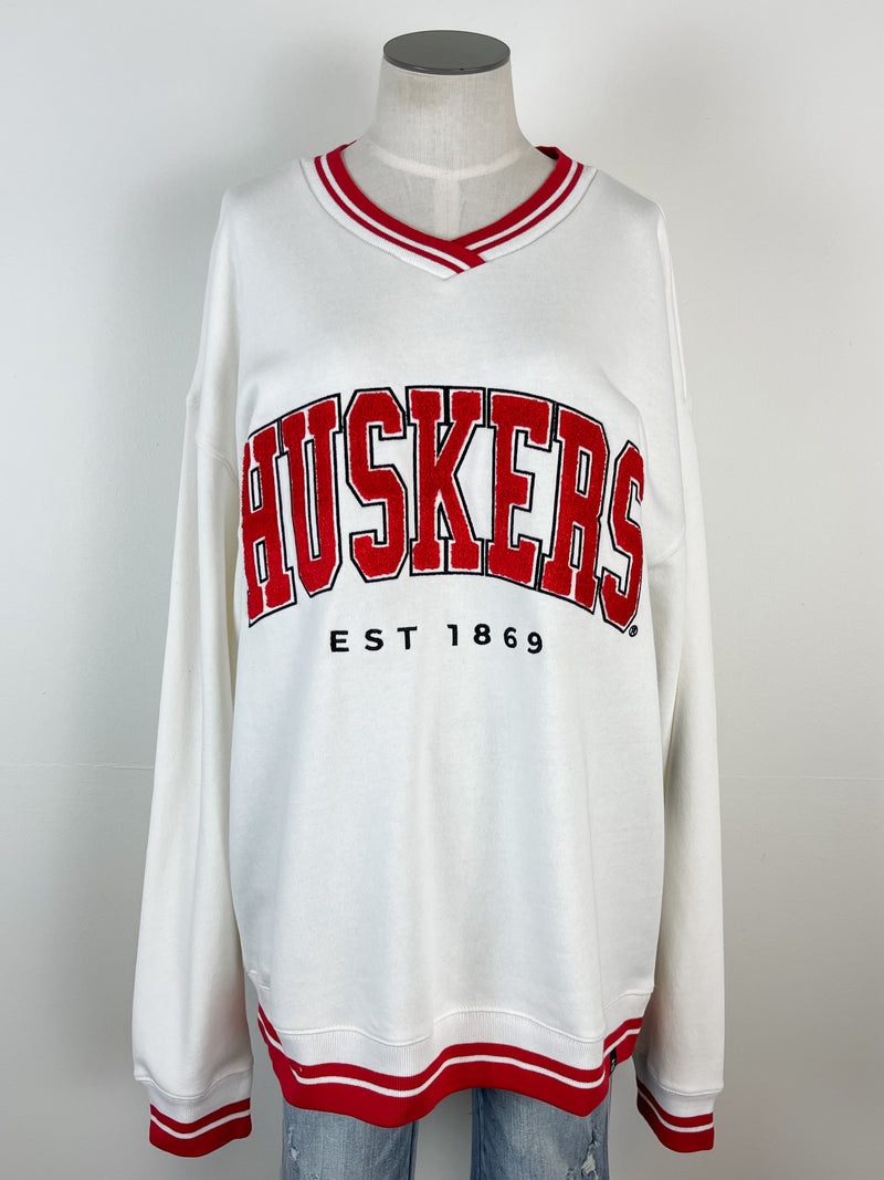 Nebraska Allen Chenille Varsity V-neck in White/Red