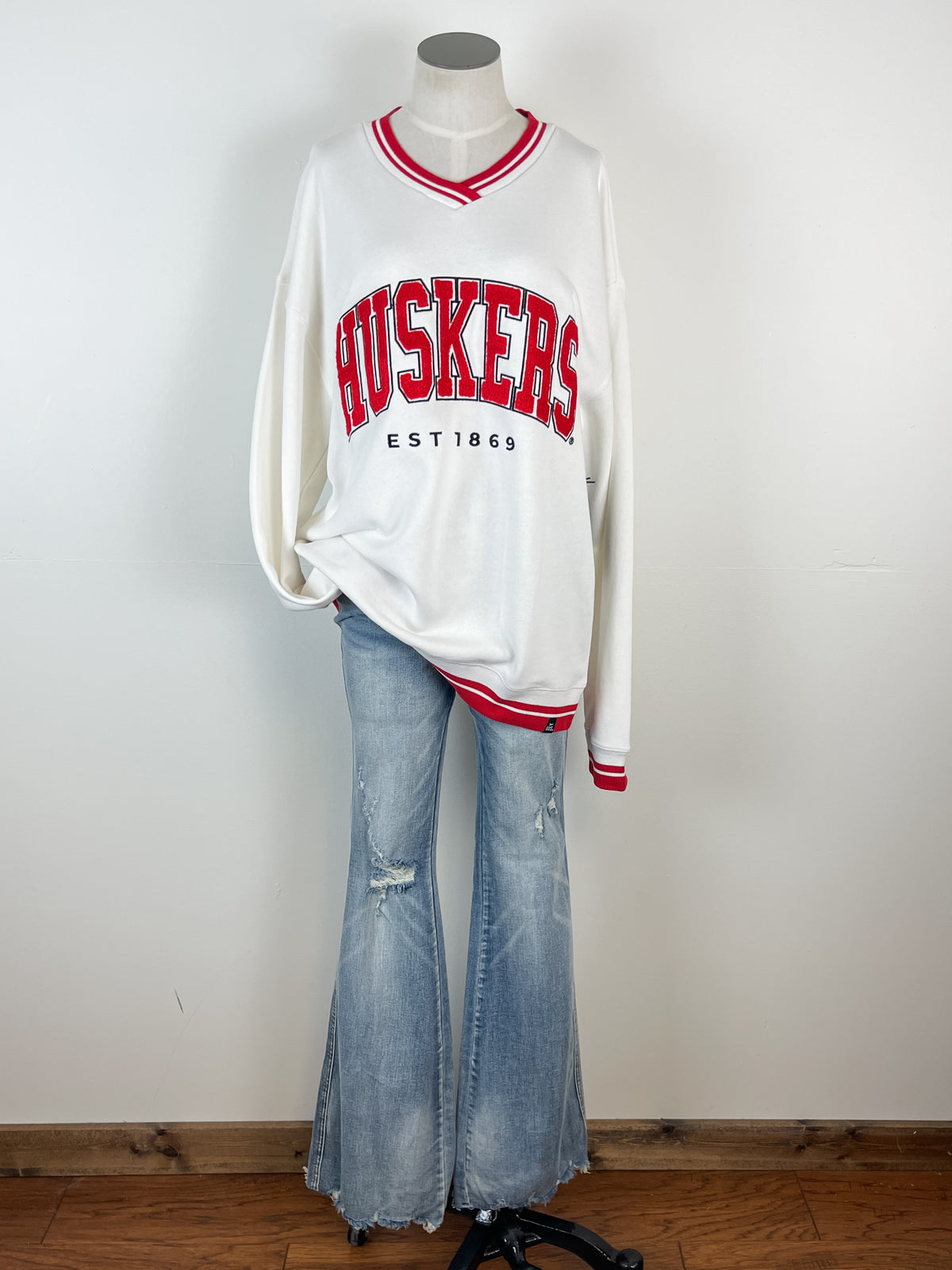 Nebraska Allen Chenille Varsity V-neck in White/Red