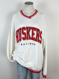 Nebraska Allen Chenille Varsity V-neck in White/Red