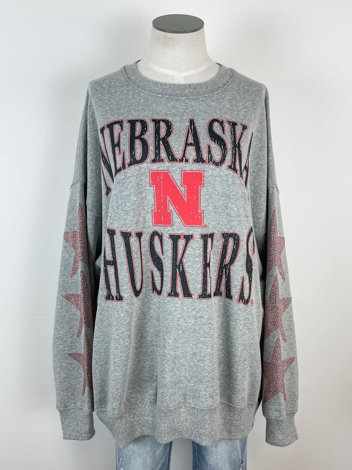 Nebraska Wynn Star Oversized Crew in Heather Gray