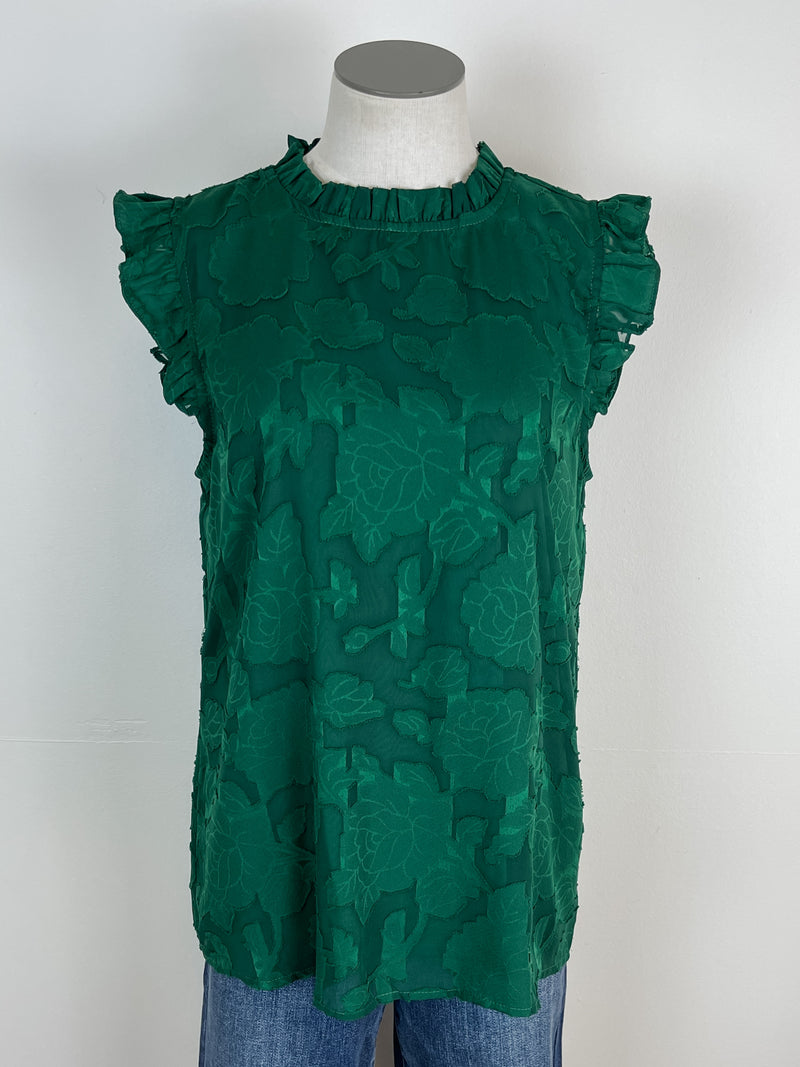 Ruffle Trim Floral Sleeveless Blouse in Hunter Green