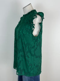 Ruffle Trim Floral Sleeveless Blouse in Hunter Green