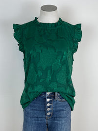 Ruffle Trim Floral Sleeveless Blouse in Hunter Green