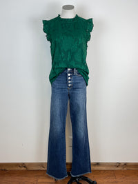 Ruffle Trim Floral Sleeveless Blouse in Hunter Green