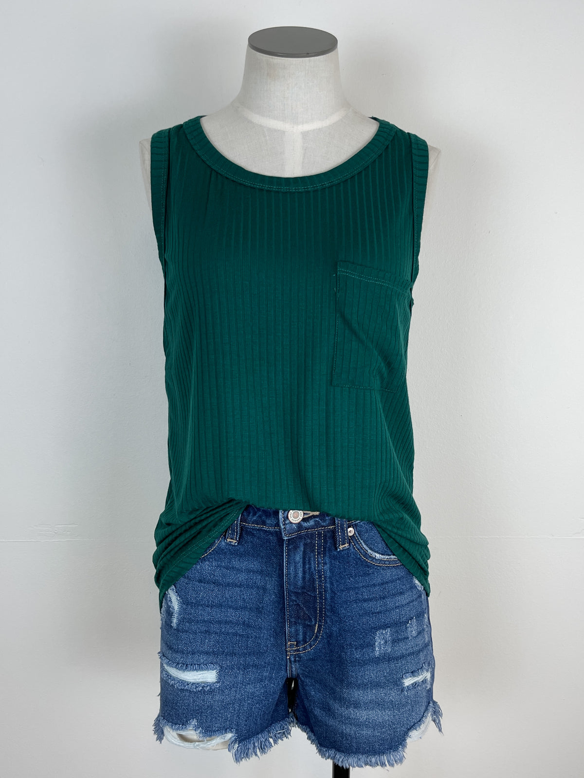 Basic Ribbed Pocket Tank in Hunter Green