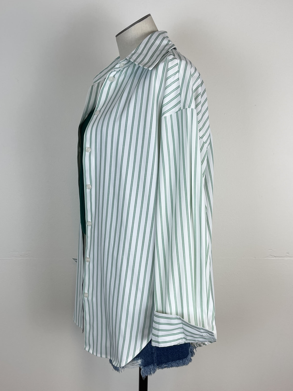 Striped Long Sleeve Button Down in Ivory/Sage