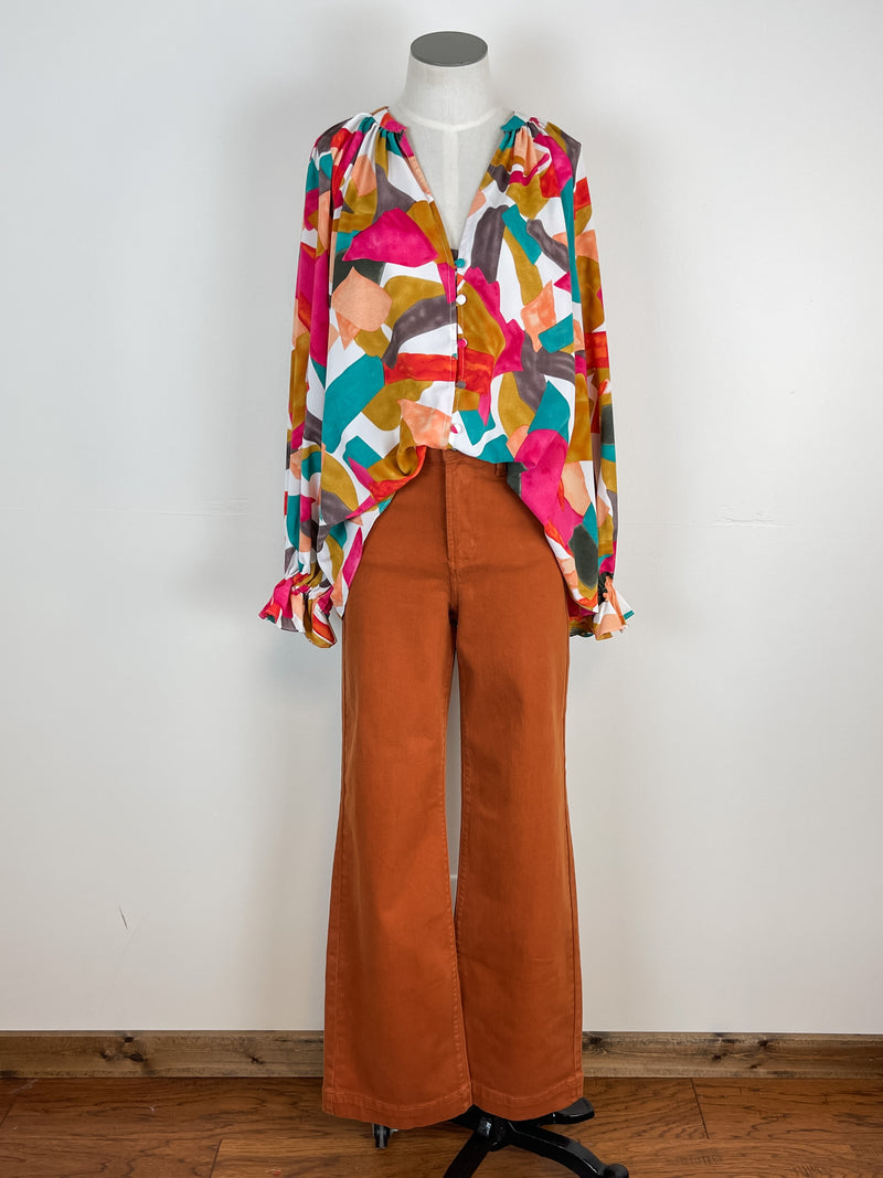 Colorful Abstract Blouse in Fuchsia Orange