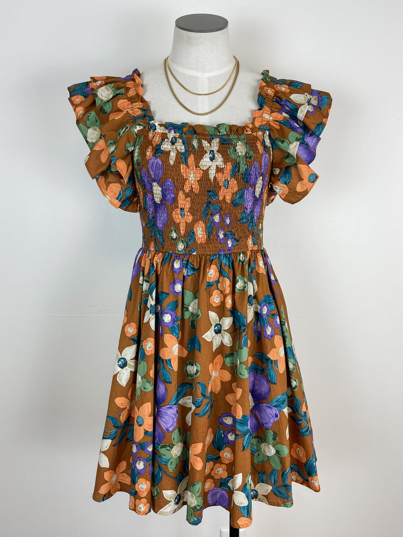 Smocked Floral and Ruffle Dress in Brown