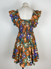 Smocked Floral and Ruffle Dress in Brown