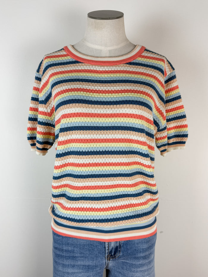 Kylie Striped Short Sleeve Top in Navy/Lemon