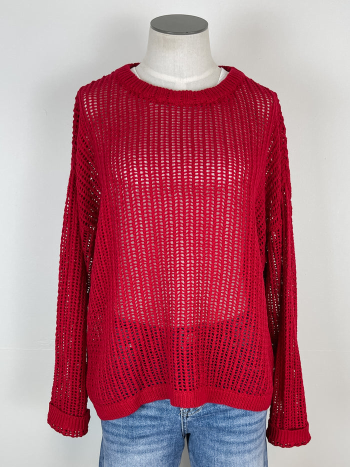 Cam Open Knit Sweater in Red