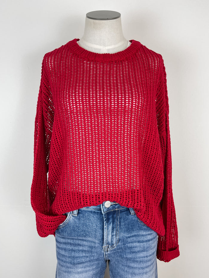 Cam Open Knit Sweater in Red