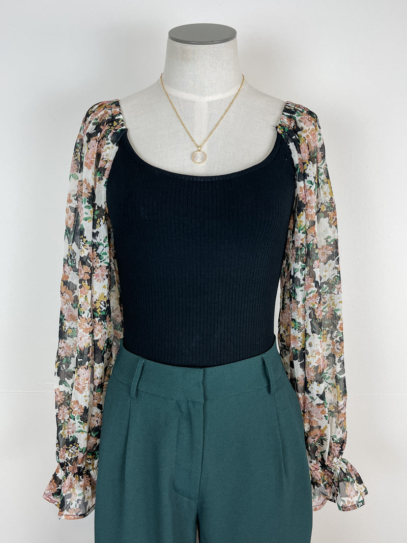 Floral Sleeve Bodysuit in Black