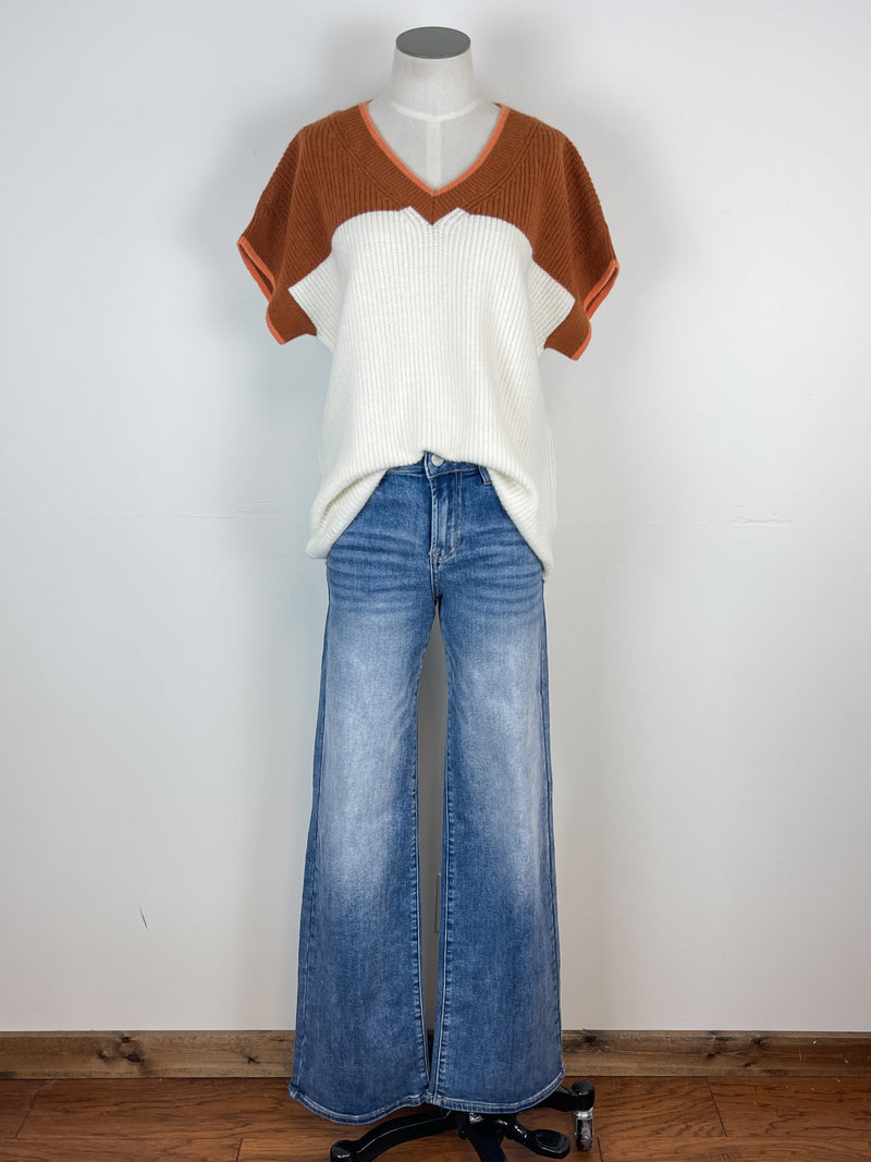 Mia Color Block Short Sleeve Sweater in Ginger