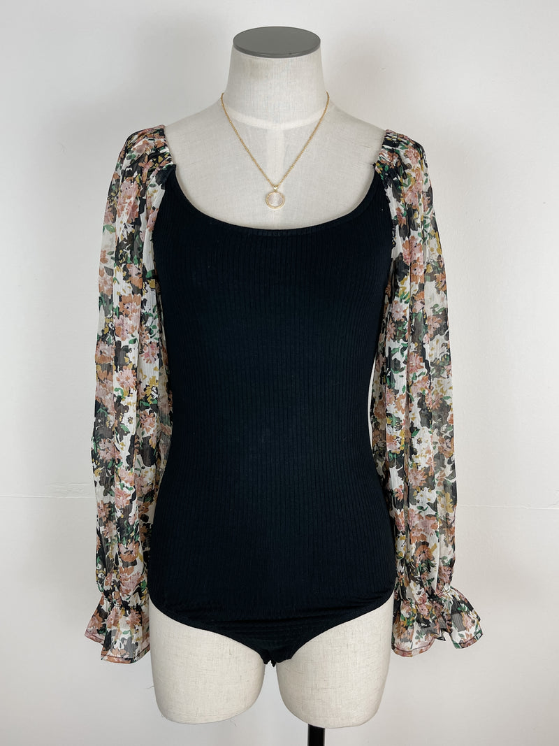 Floral Sleeve Bodysuit in Black