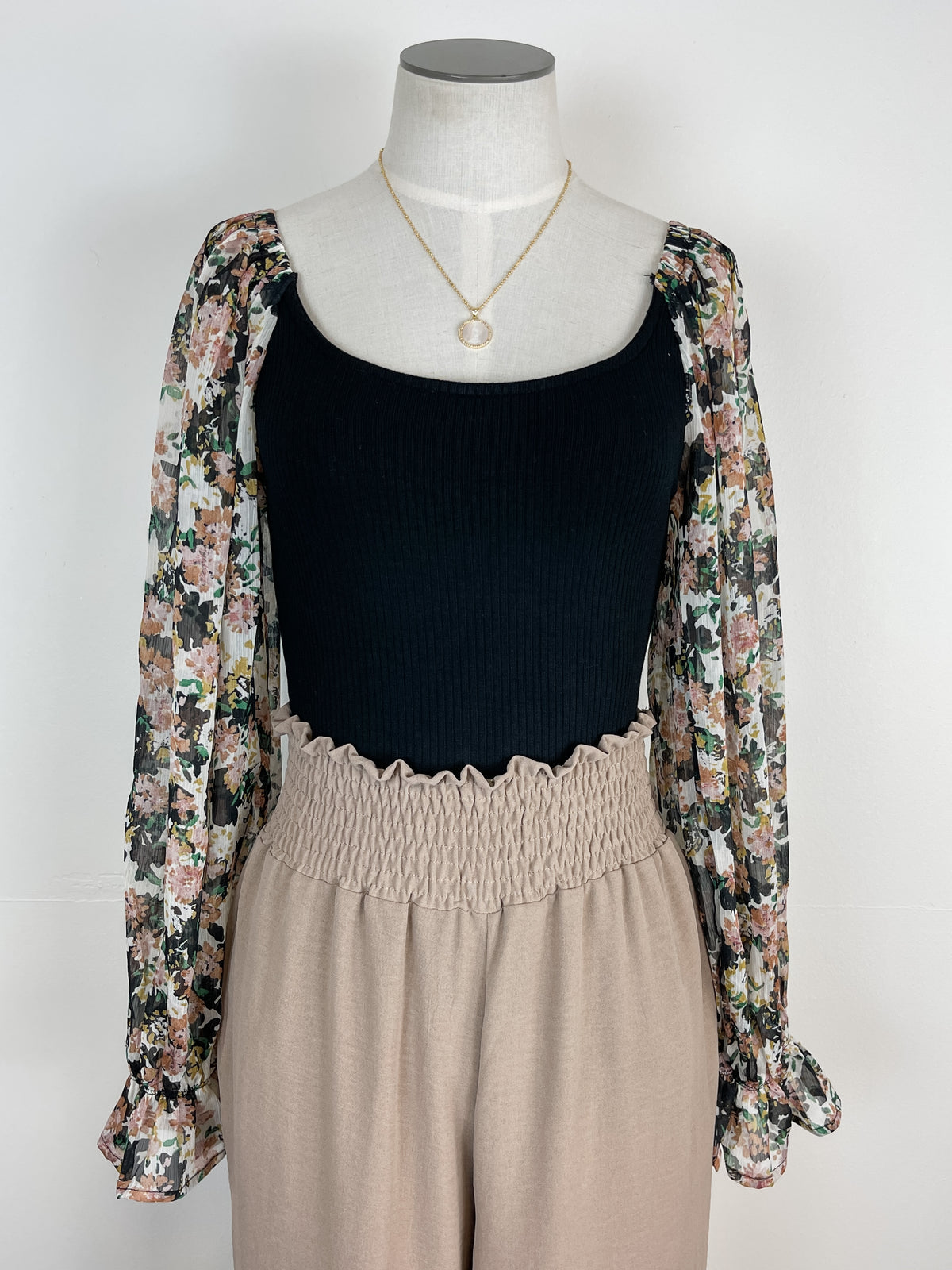 Floral Sleeve Bodysuit in Black