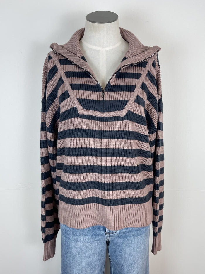 Kylie Half Zip Striped Sweater in Mauve/Slate