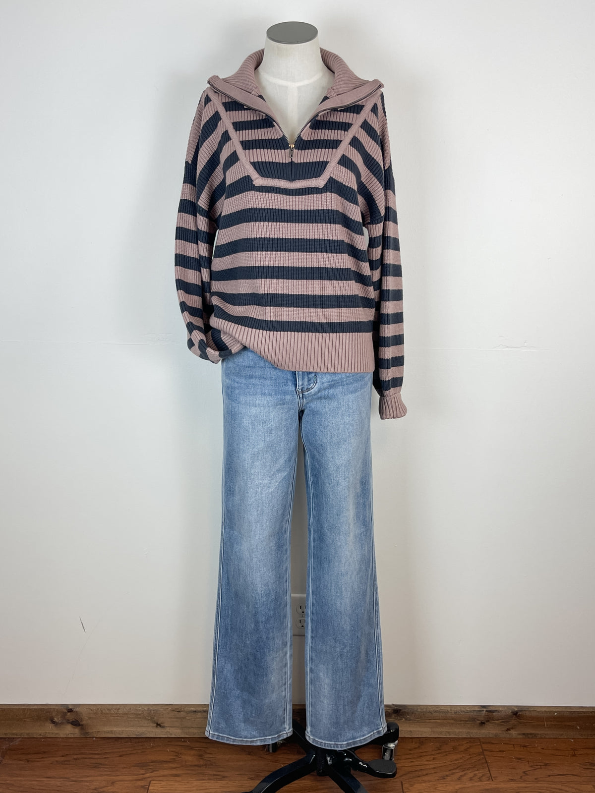 Kylie Half Zip Striped Sweater in Mauve/Slate