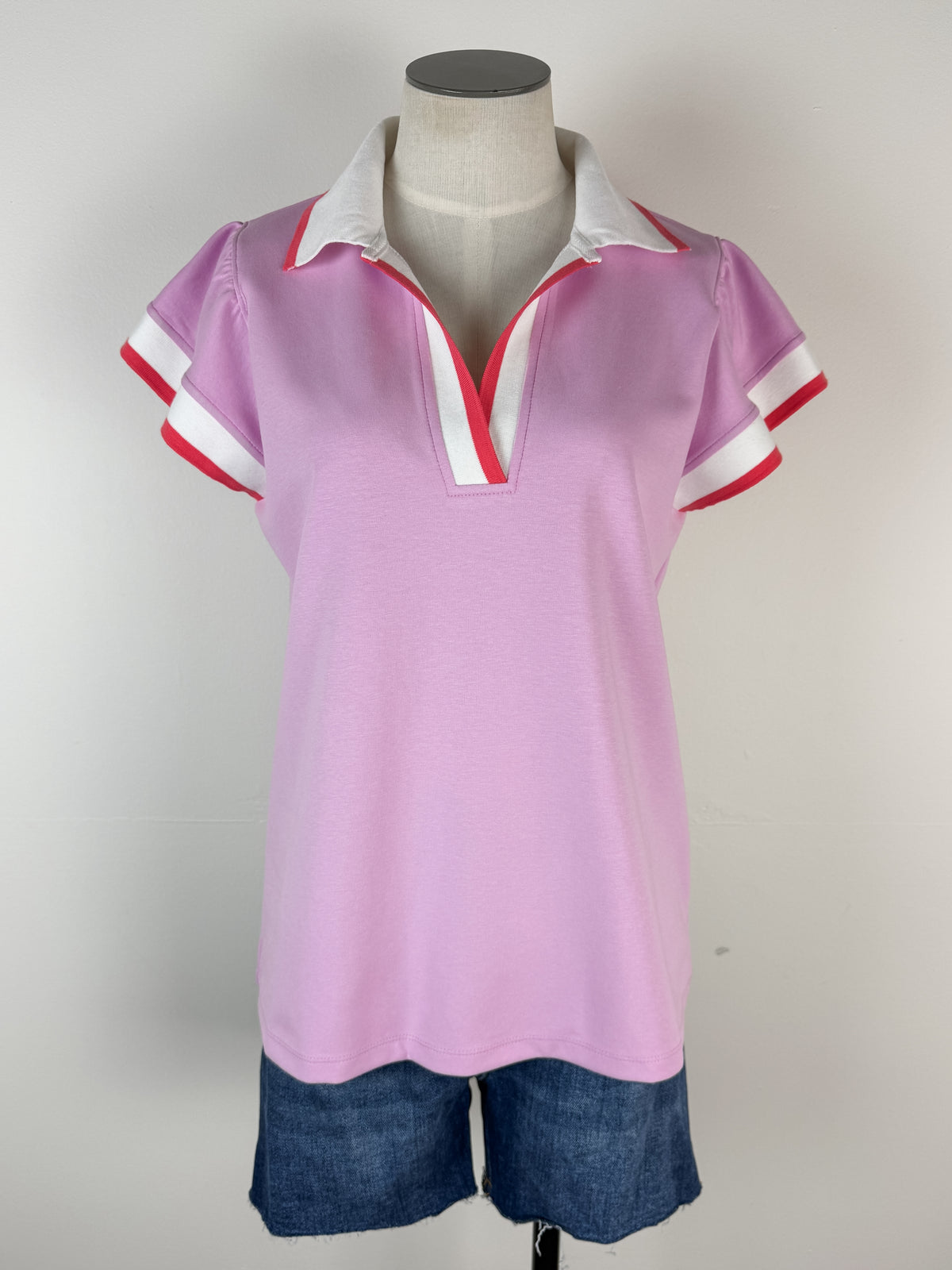 Margaret Collared Top in Pink/Ivory