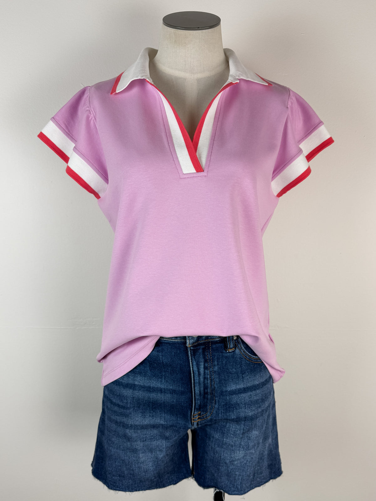 Margaret Collared Top in Pink/Ivory