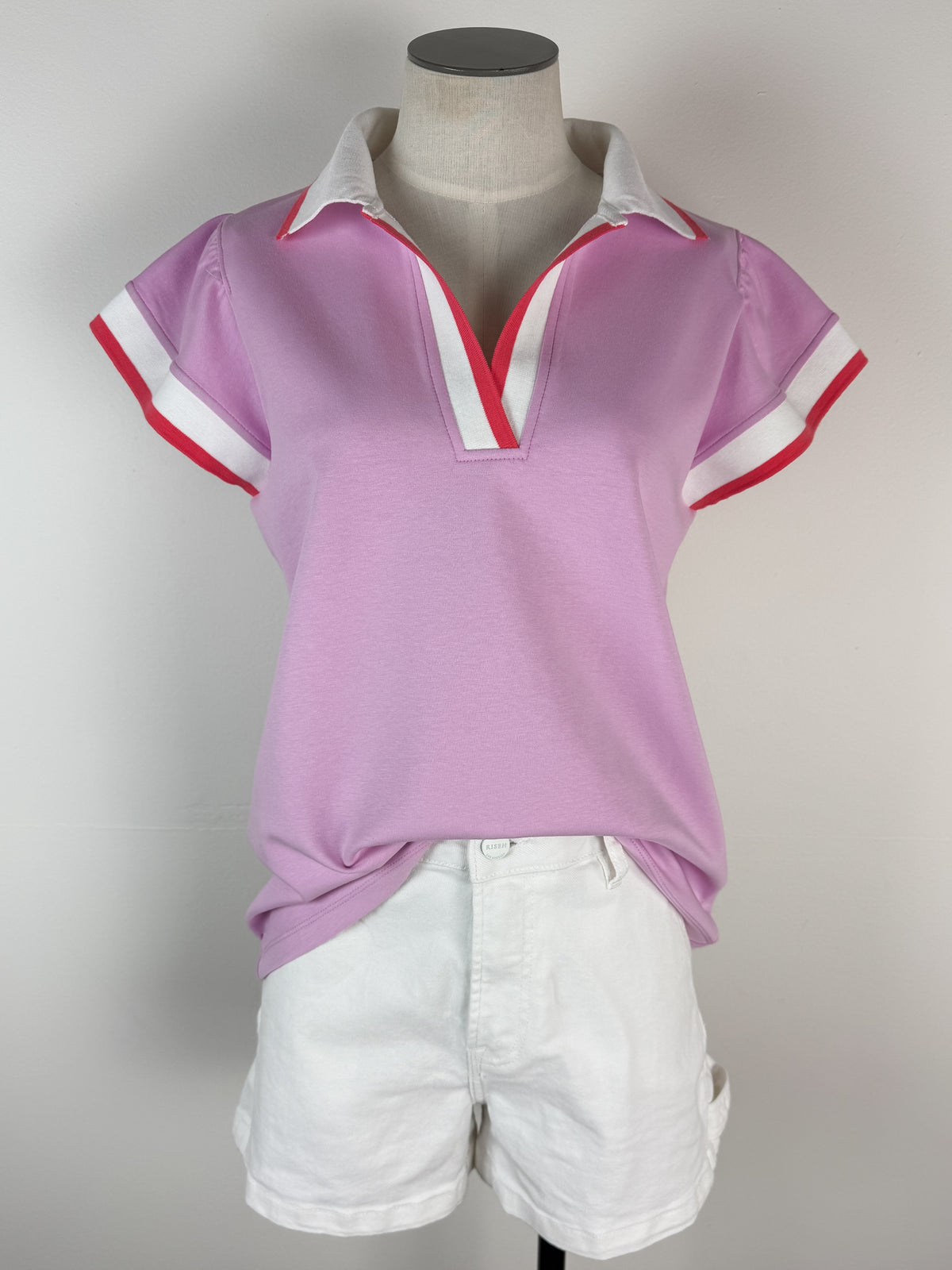 Margaret Collared Top in Pink/Ivory