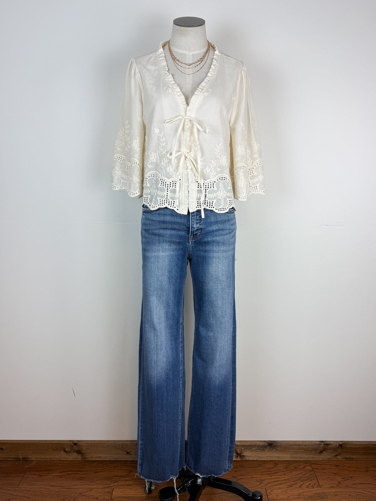 Cassie Embroidered Front Tie Blouse in Ivory