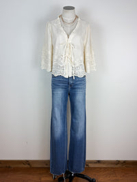 Cassie Embroidered Front Tie Blouse in Ivory