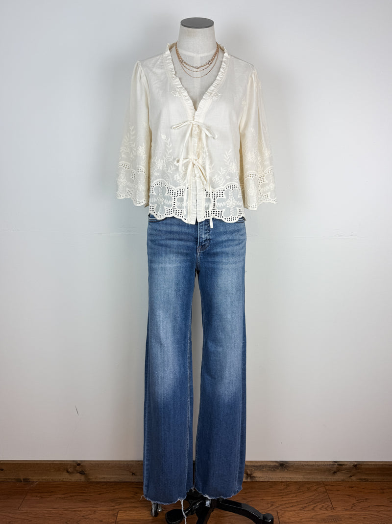 Cassie Embroidered Front Tie Blouse in Ivory