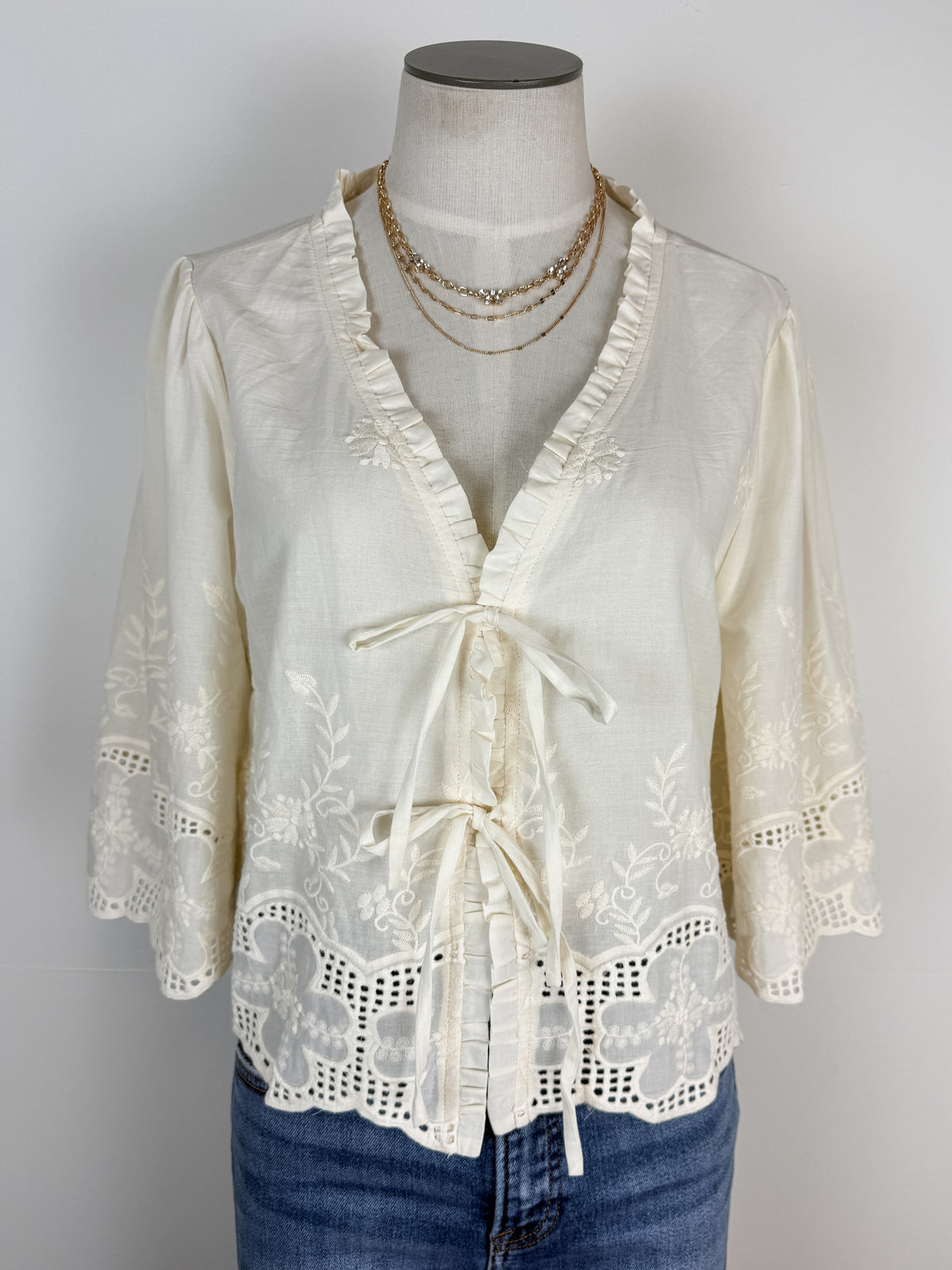 Cassie Embroidered Front Tie Blouse in Ivory
