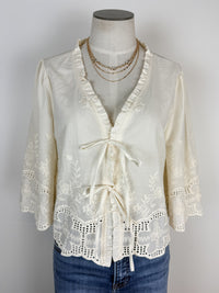 Cassie Embroidered Front Tie Blouse in Ivory