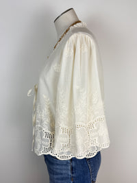 Cassie Embroidered Front Tie Blouse in Ivory