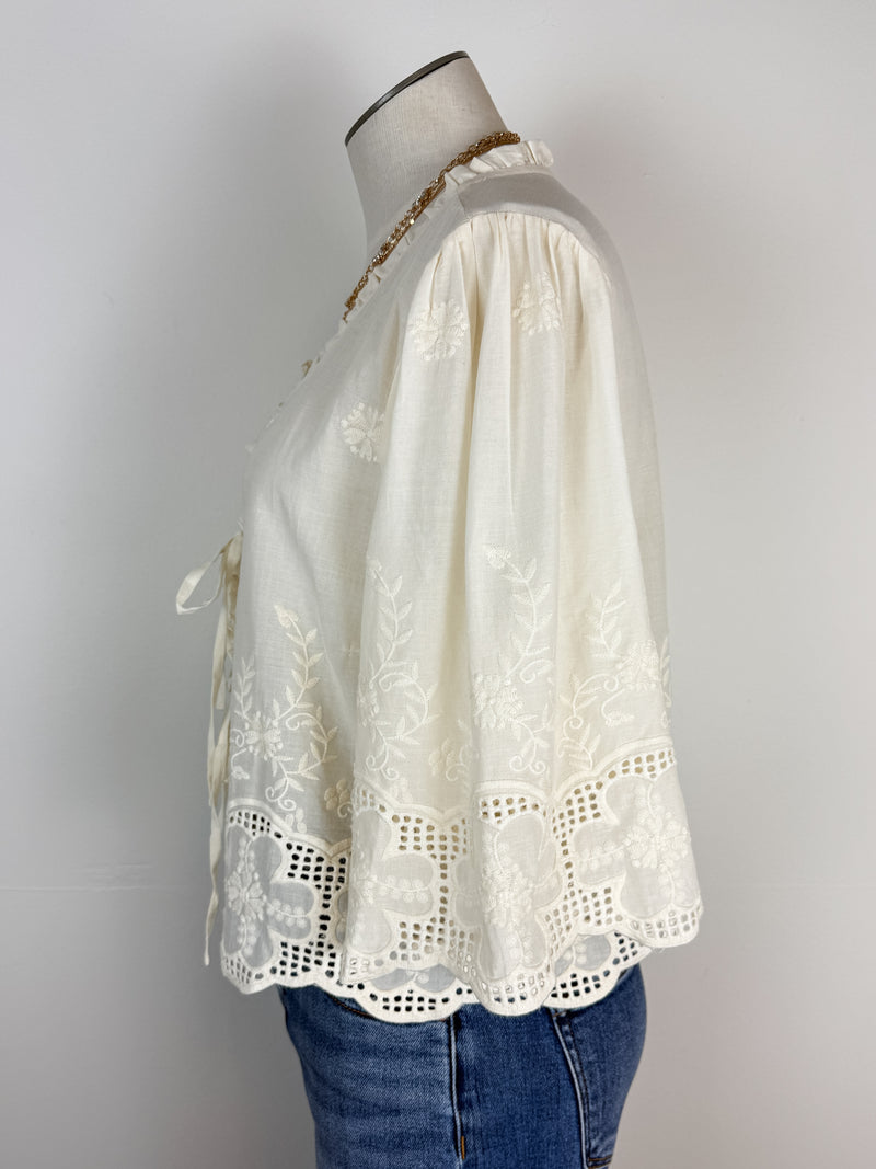 Cassie Embroidered Front Tie Blouse in Ivory
