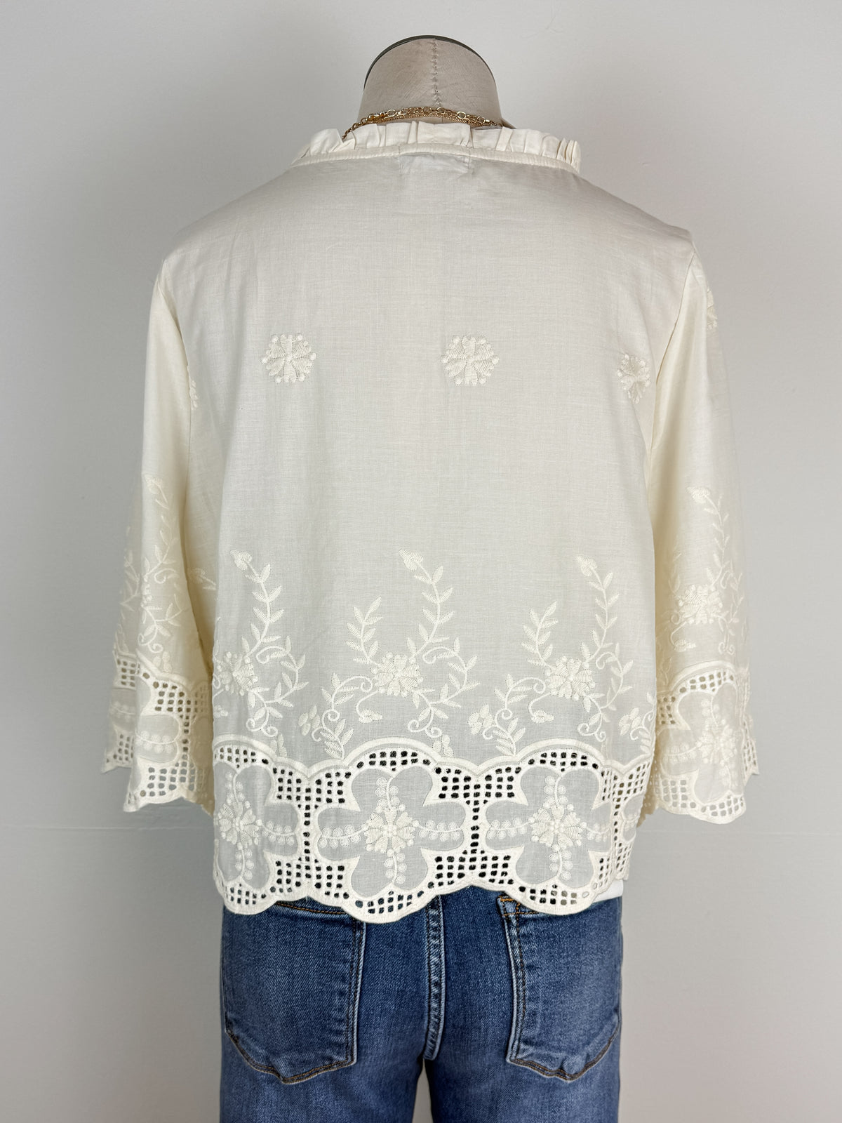 Cassie Embroidered Front Tie Blouse in Ivory