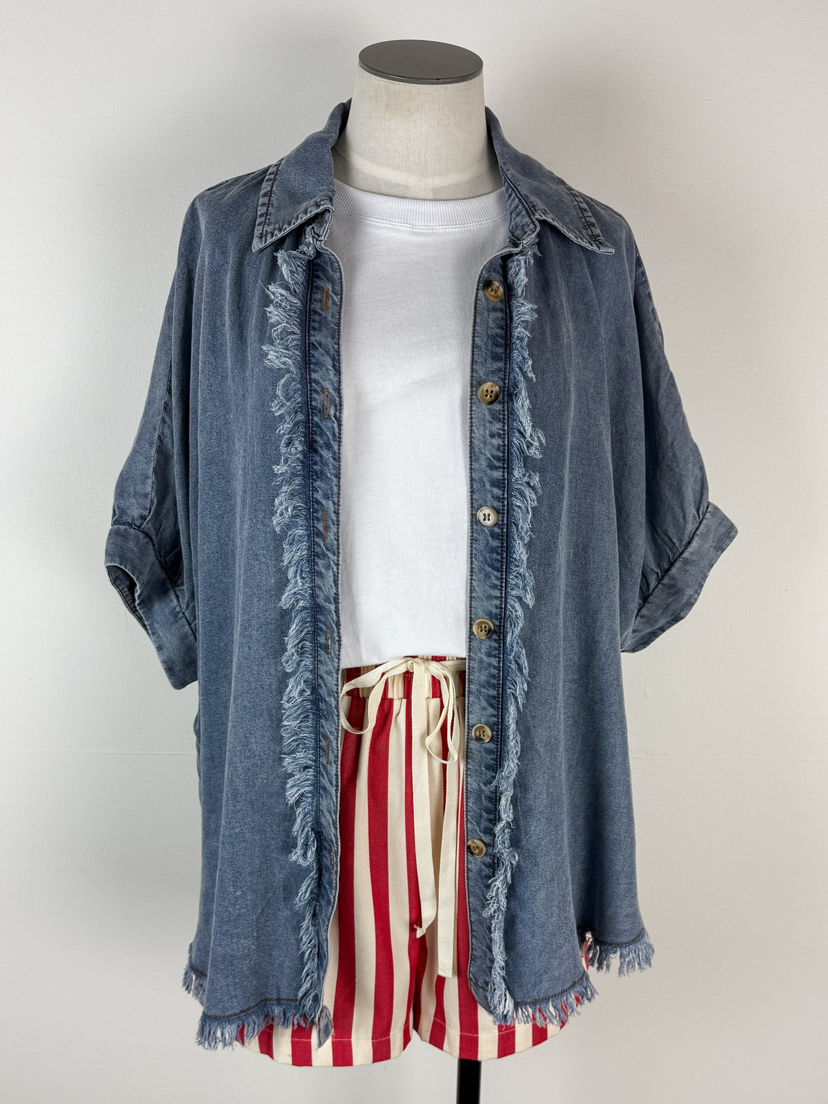 Abby Frayed Trim Top in Denim