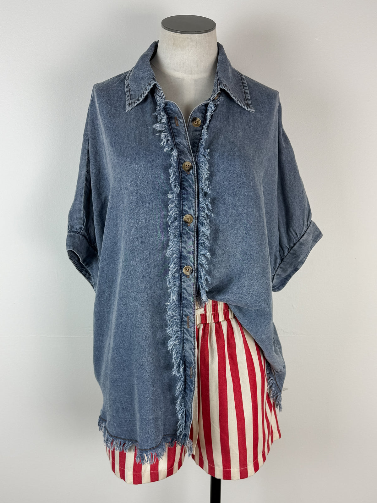 Abby Frayed Trim Top in Denim