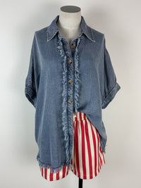 Abby Frayed Trim Top in Denim