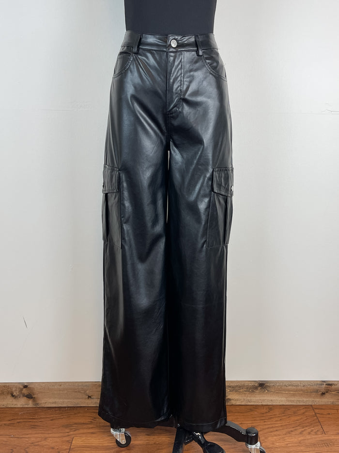 Faux Leather Cargo Pants in Black