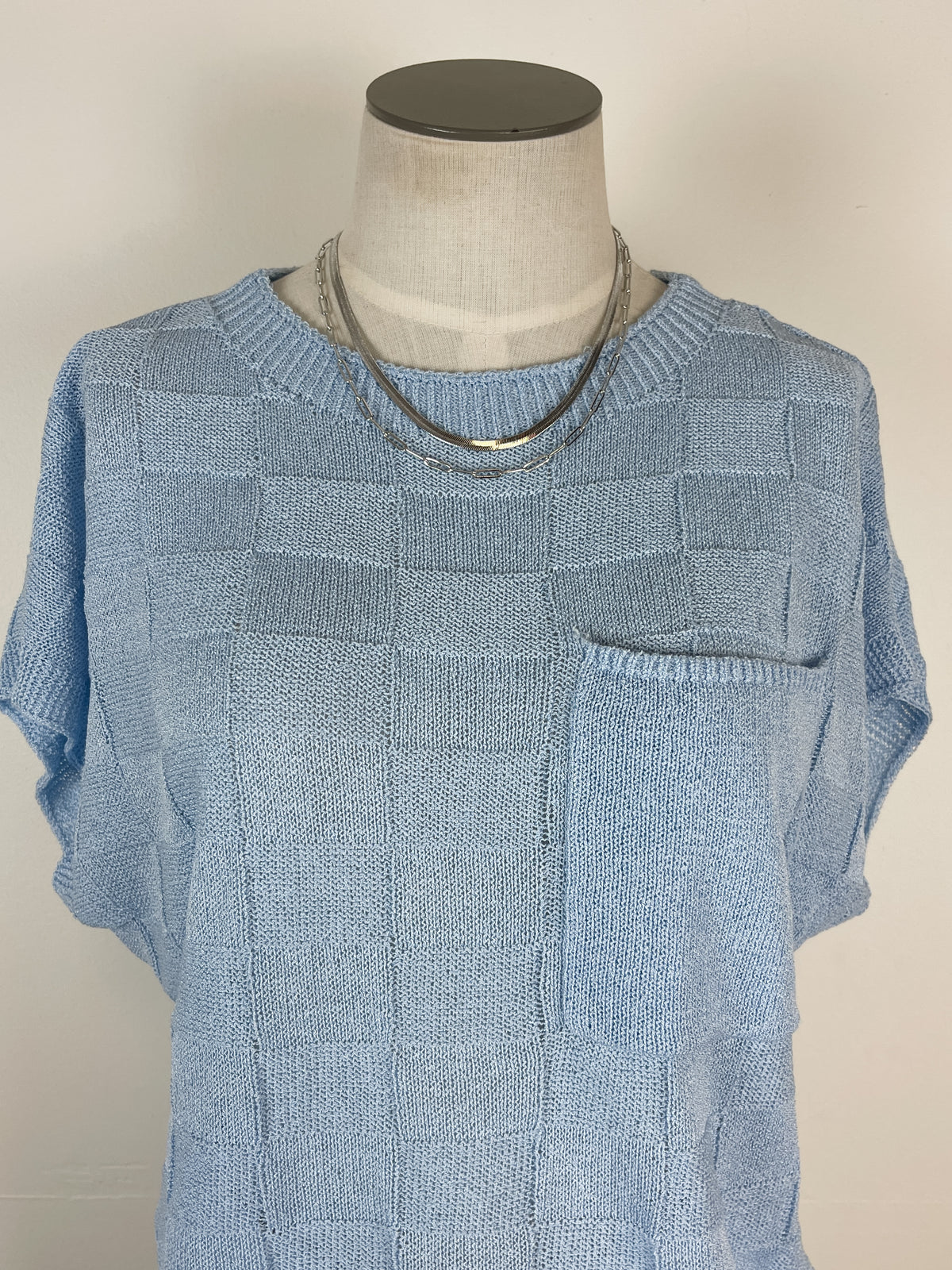 Elina Checkered Top in Misty Blue