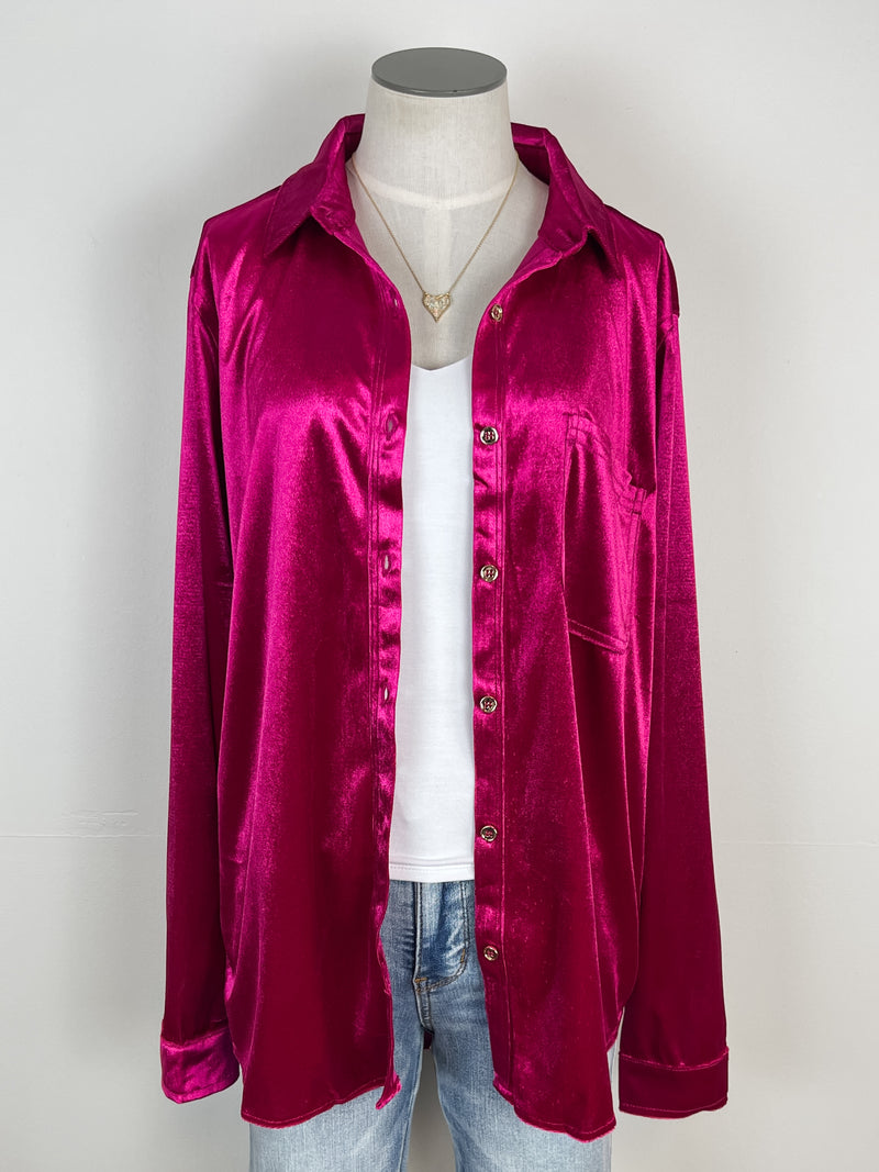 Melanie Velvet Button Down in Magenta