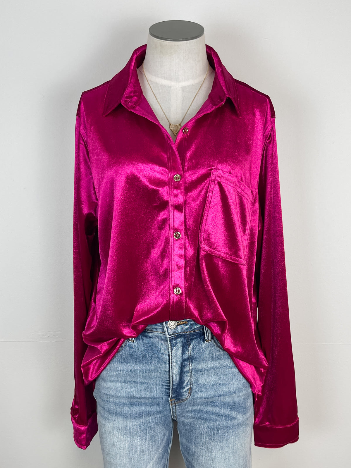 Melanie Velvet Button Down in Magenta