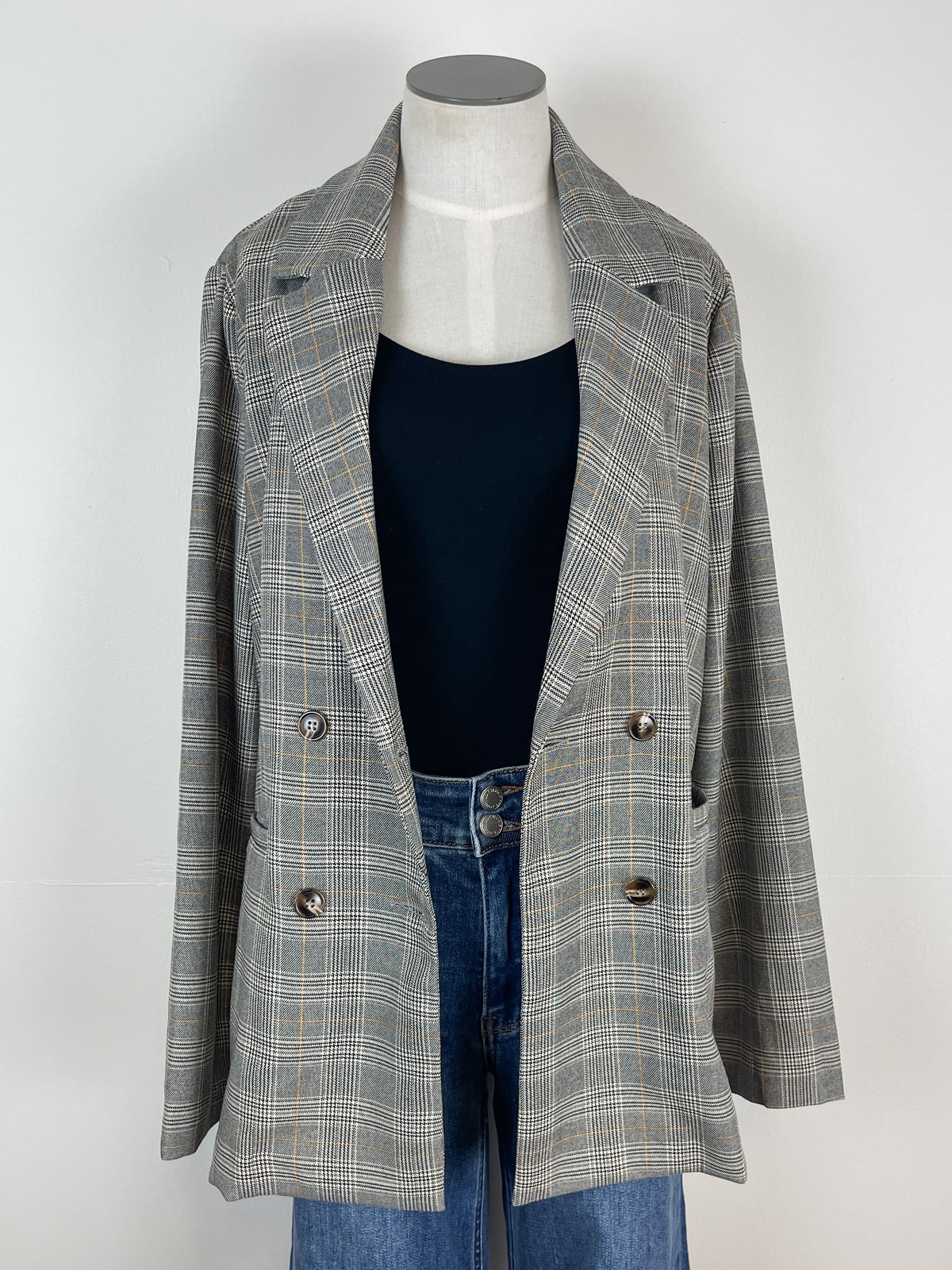 Rowan Plaid Double Breasted Blazer in Black/Ivory